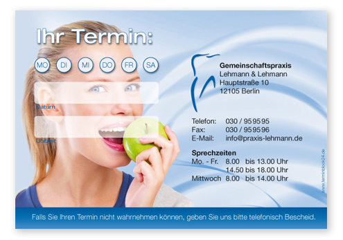 1214010144 Terminzettel "gesundes Lächeln" - 1 Termin mit Wochentagen Terminzettel "gesundes Lächeln" - 1 Termin mit Wochentagen